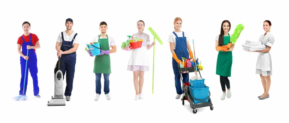 Professional staff of cleaning service on white background