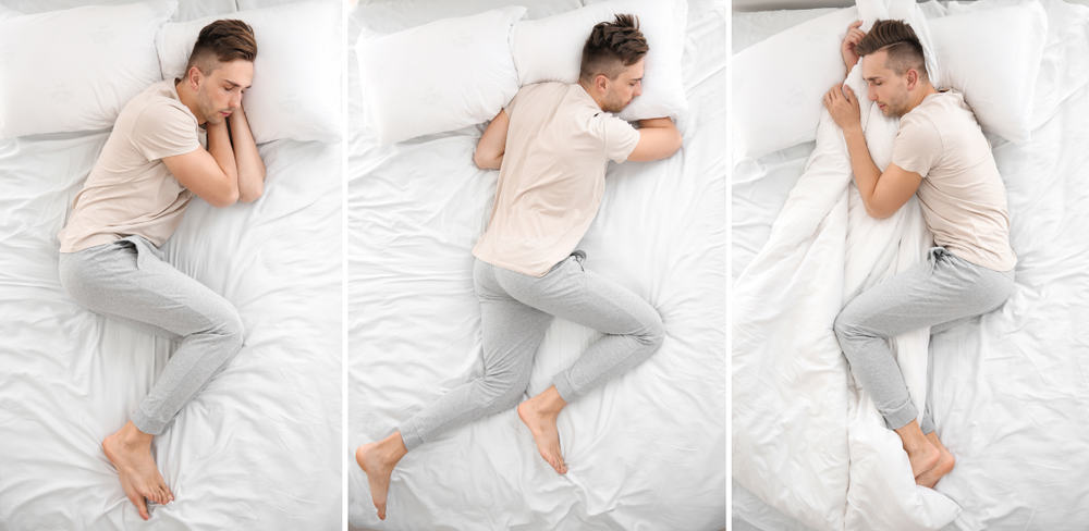 Handsome man sleeping in different positions on bed,